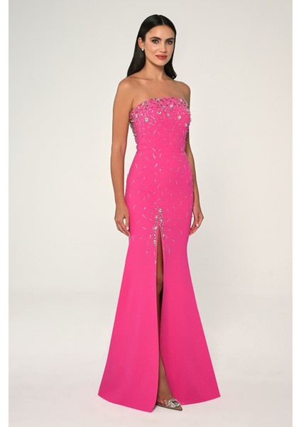 Straplez Taş Işlemeli Krep Uzun Abiye Elbise Alfa Beta fiyatları