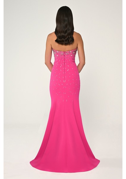 Straplez Taş Işlemeli Krep Uzun Abiye Elbise Alfa Beta modelleri