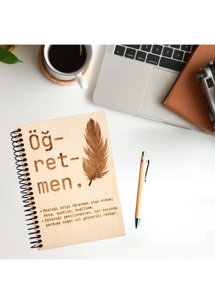 Öğretmen Temalı Ahşap Kapaklı Defter Bambu Kalem Seti