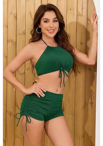 Shekını Kadın Halter Bikini Takımı Bağcıklı Üst Yüksek Bel Şort Büzgülü Mayo Iki Parça Mayo