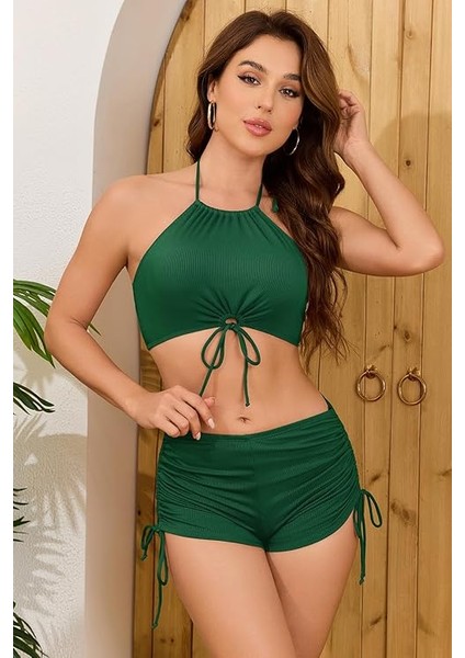 Shekını Kadın Halter Bikini Takımı Bağcıklı Üst Yüksek Bel Şort Büzgülü Mayo Iki Parça Mayo