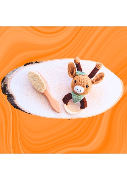 Amigurimi Zürafa Çıngırak&keçi Kılı Ahşap Bebek Tarağı Set