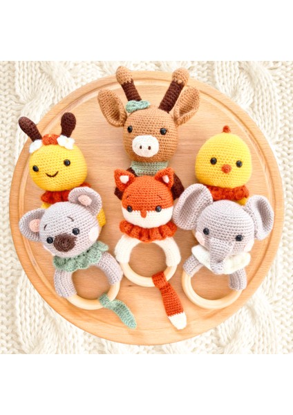 Amigurimi Zürafa Çıngırak&keçi Kılı Ahşap Bebek Tarağı Set