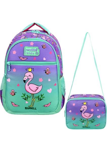 Lisanslı Lila-Su Yeşili Flamingo Desenli Ilkokul Sırt Çantası & Beslenme Çantası