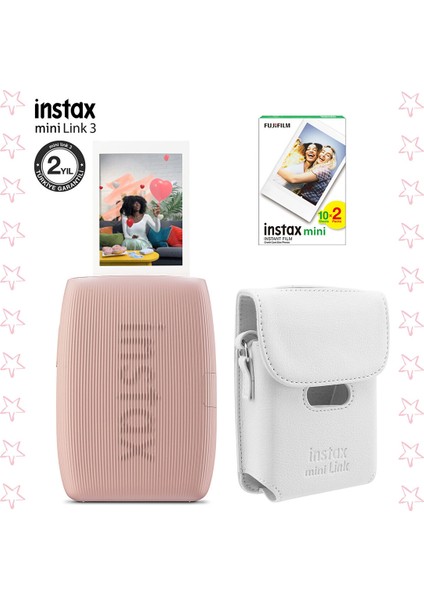 Instax Mini Link 3 Pembe Akıllı Telefon Yazıcısı Beyaz Çanta ve 20'li Mini Film