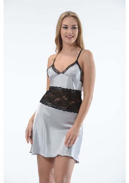 Gri Dantelli Saten Gecelik - M-386 fiyatları