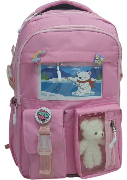 Kore Tarzı 2 Ana Bölmeli Okul Çantası Aksesuarlı Pembe Kız Çocuk Sırt Çantası 44*30*18 cm