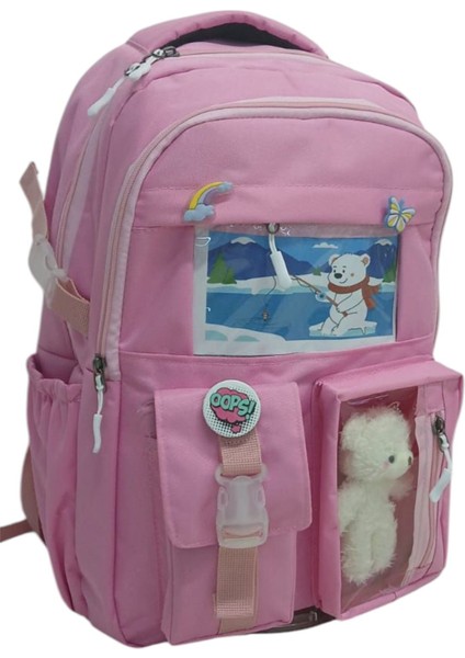 Kore Tarzı 2 Ana Bölmeli Okul Çantası Aksesuarlı Pembe Kız Çocuk Sırt Çantası 44*30*18 cm fiyatları