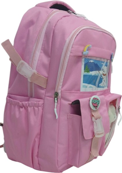 Kore Tarzı 2 Ana Bölmeli Okul Çantası Aksesuarlı Pembe Kız Çocuk Sırt Çantası 44*30*18 cm modelleri