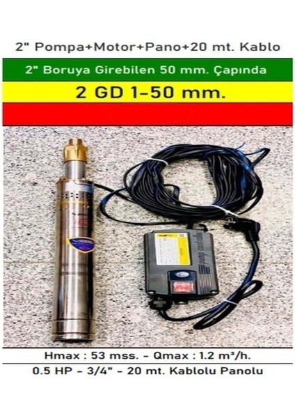 NORTEK 2 Gd 1-50 mm Çapında 0.5 Hp 2" Boruya Göre Dalgıç Pompa+Motor+Pano+20 Mt. Kablo fiyatları