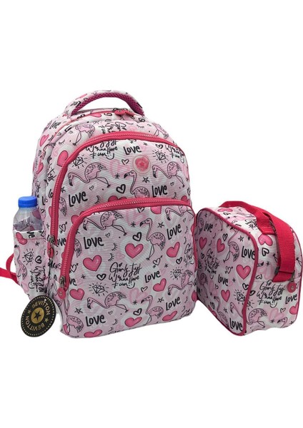 Flamingo Desen Su Geçirmez Kumaş Folyo Beslenmeli Ortopedik Kız Sırt ve Ilkokul Çantası