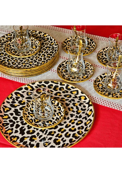 Glore Leopar Somon Altın Yaldızlı Cam 19 Parça Çay Ikram Takımı