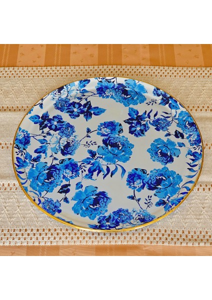Glore Blue Rose Altın Yaldızlı Cam Tepsi