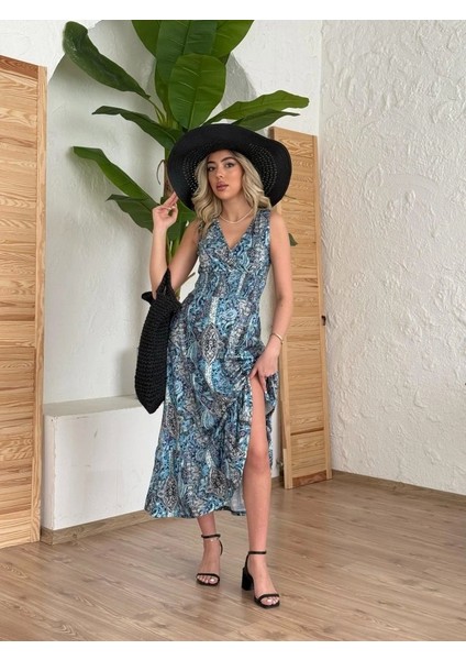 Kadın Beli Gipeli Etnik Desen Sıfır Kol Süprem Elbise