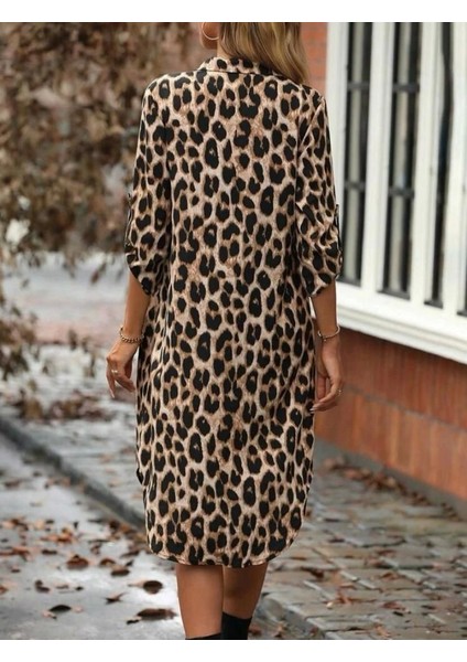Kadın Leopar Desenli Cep Detay Kolu Manşetli Moskrep Gömlek Elbise fiyatları