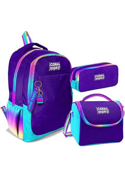 Üç Gözlü Ilkokul ve Ortaokul Çanta Seti - Kız Çocuk - Rainbow Fermuarlı Mor Desenli
