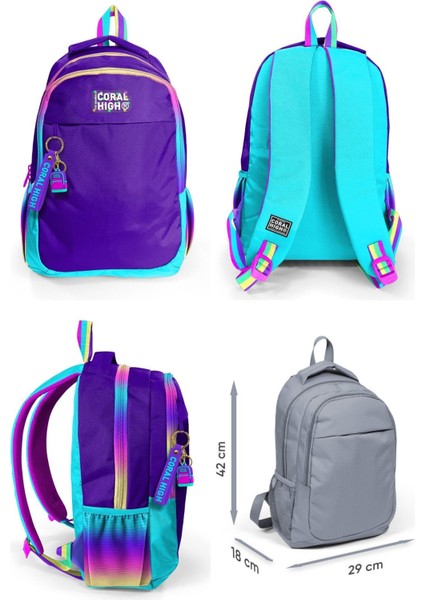 Üç Gözlü Ilkokul ve Ortaokul Çanta Seti - Kız Çocuk - Rainbow Fermuarlı Mor Desenli fiyatları