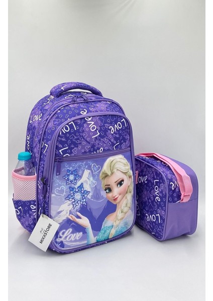 Love Desenli Mor Renk Sırt Ortopedili Beslenmelikli Ilk Okul Sırt Çantası