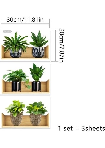 Pratik Raflı Bitki Tasarımlı Yapışkanlı Sticker 20*30 cm 3lü Set MC-663