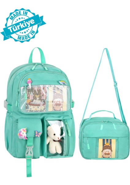 Waddell Lisanslı Kawaii Kore Tarzı Kız ve Erkek Çocuk Ilkokul Çantası ve Termoslu Beslenme Çantası