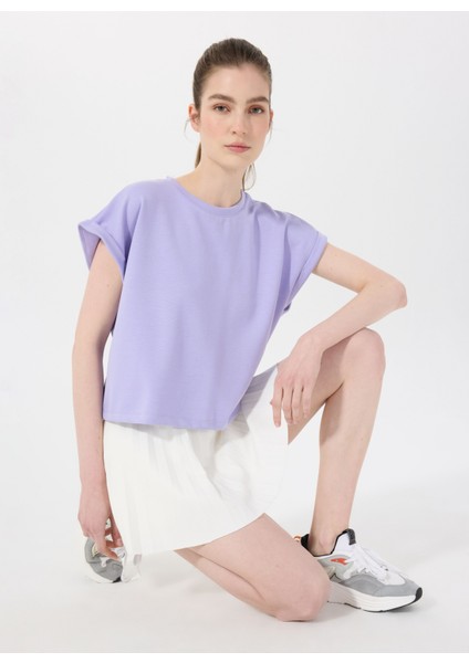 D5SL-TST3599 Lila Bisiklet Yaka Rahat Kalıp Düz Kadın T-Shirt