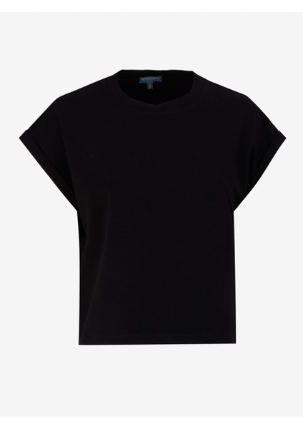 D5SL-TST3599 Siyah Bisiklet Yaka Rahat Kalıp Düz Kadın T-Shirt