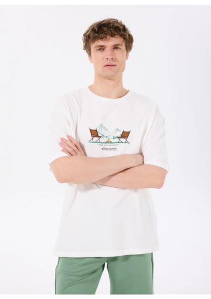 D5SM-TST3742 Ekru Bisiklet Yaka Relaxed Nakışlı Erkek T-Shirt