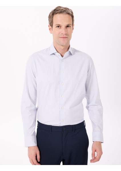 Slim Fit Gömlek Yaka Açık Mavi Erkek Gömlek HM3010096