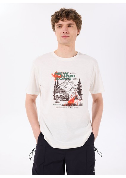 D5SM-TST3838 Kırık Beyaz Bisiklet Yaka Relaxed Baskılı Erkek T-Shirt