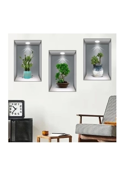 Pratik 3D Çiçek Vazo Duvar Sticker 3 Lü Set Gri Fon