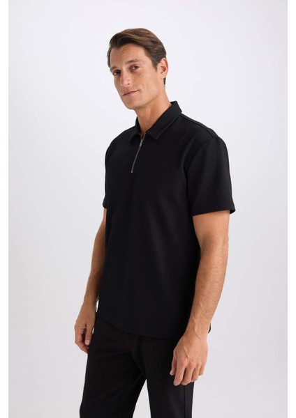 Regular Fit Polo Yaka Yarım Fermuarlı Kısa Kollu Pilise Siyah Tişört B7355AX25SP modelleri