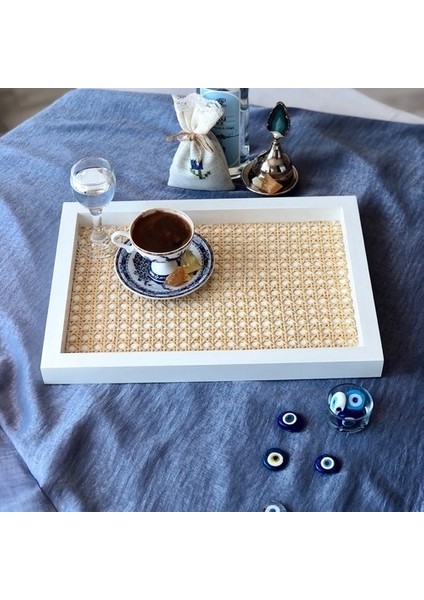 Rattan Hazeran Beyaz Dikdörtgen Tepsi MA037