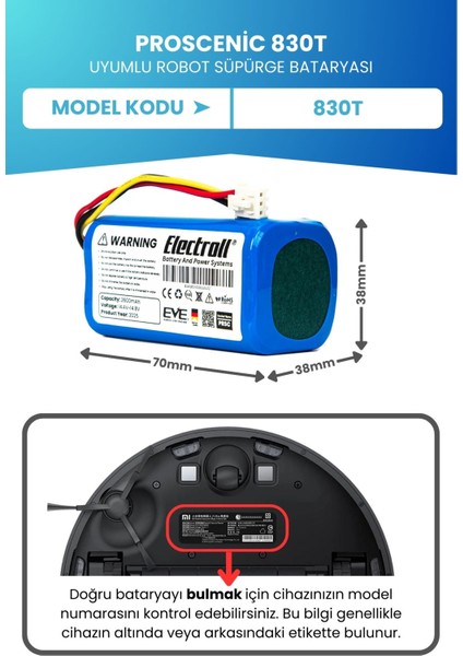 Proscenic 830T Uyumlu Batarya (Orjinal Kapasite) 2600MAH Pil Robot Süpürge Bataryası Değişimi fiyatları