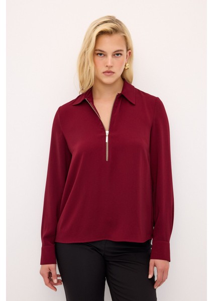 Fermuar Detaylı Bluz Bordo 115L9282000
