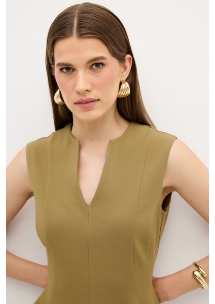 V Yaka Elbise Olive 12442906002