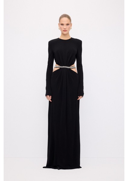 Beli Taş Detaylı Örme Elbise Siyah 12444564000