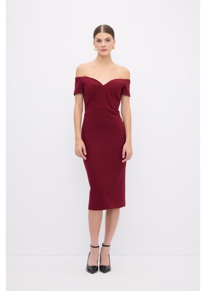 Kısa Kollu Midi Elbise Bordo 12444684001