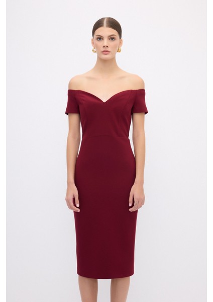 Kısa Kollu Midi Elbise Bordo 12444684001