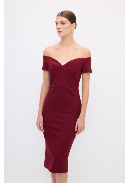 Kısa Kollu Midi Elbise Bordo 12444684001