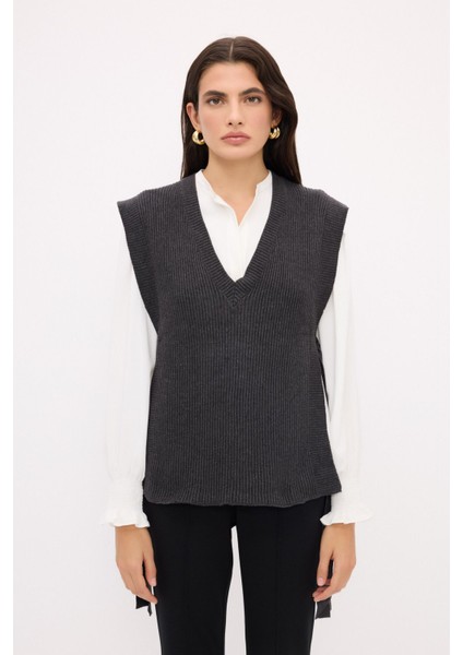 V Yaka Yandan Bağlamalı Triko Süveter Antrasit 167L8328002