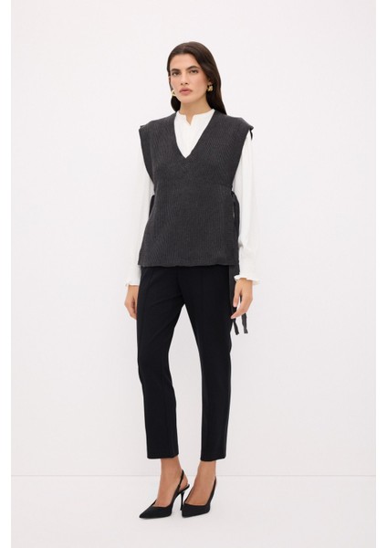 V Yaka Yandan Bağlamalı Triko Süveter Antrasit 167L8328002 modelleri