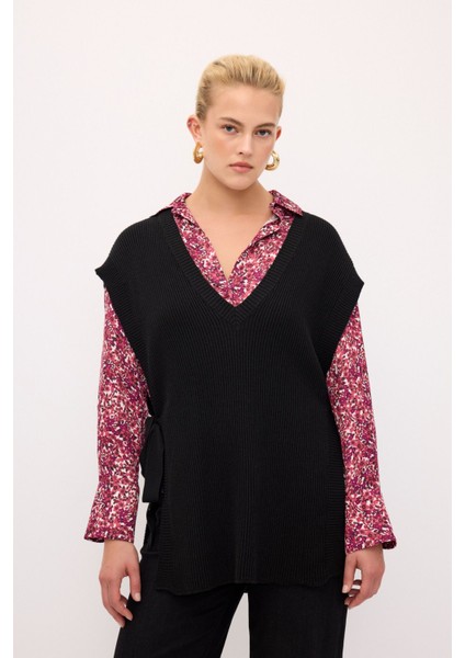 V Yaka Yandan Bağlamalı Triko Süveter Antrasit 167L8328002