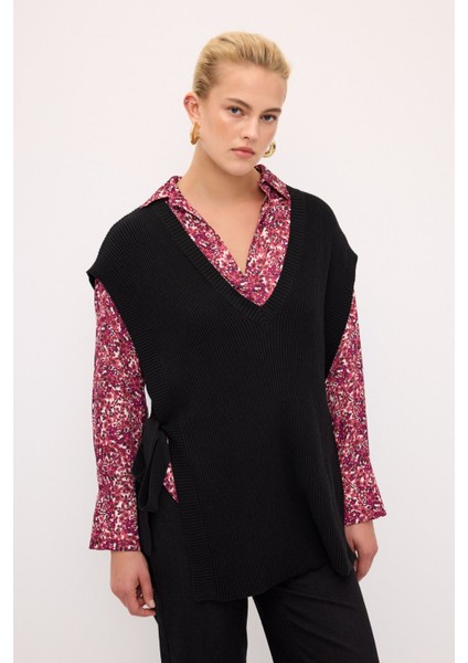 V Yaka Yandan Bağlamalı Triko Süveter Antrasit 167L8328002 fırsatları