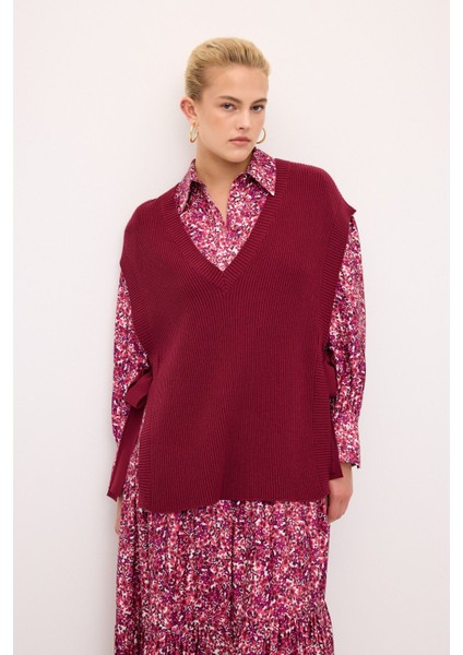 V Yaka Yandan Bağlamalı Triko Süveter Antrasit 167L8328002