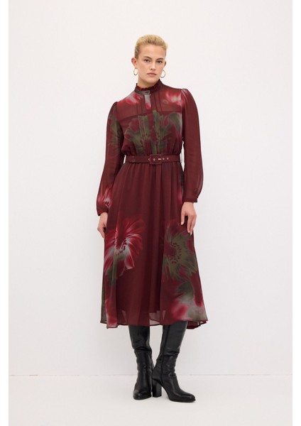 Kemerli Desenli Elbise Bordo 124L9049001