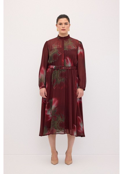 Kemerli Desenli Elbise Bordo 124L9049001 fiyatları