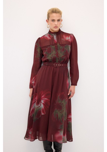 Kemerli Desenli Elbise Bordo 124L9049001 fırsatları