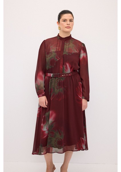 Kemerli Desenli Elbise Bordo 124L9049001 indirimleri