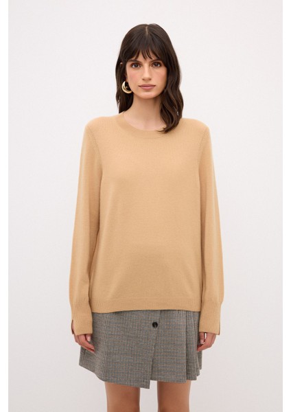 Bisiklet Yaka Kaşmir Karışımlı Triko Kazak Camel 13943225001