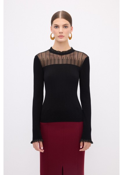 Yaka Detaylı Triko Kazak Siyah 13944610000